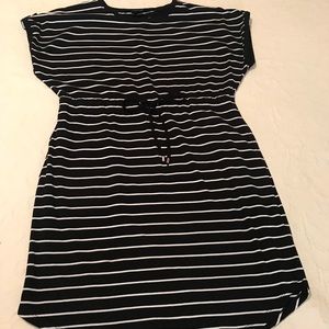 Black white stripe knit dress with tie waist